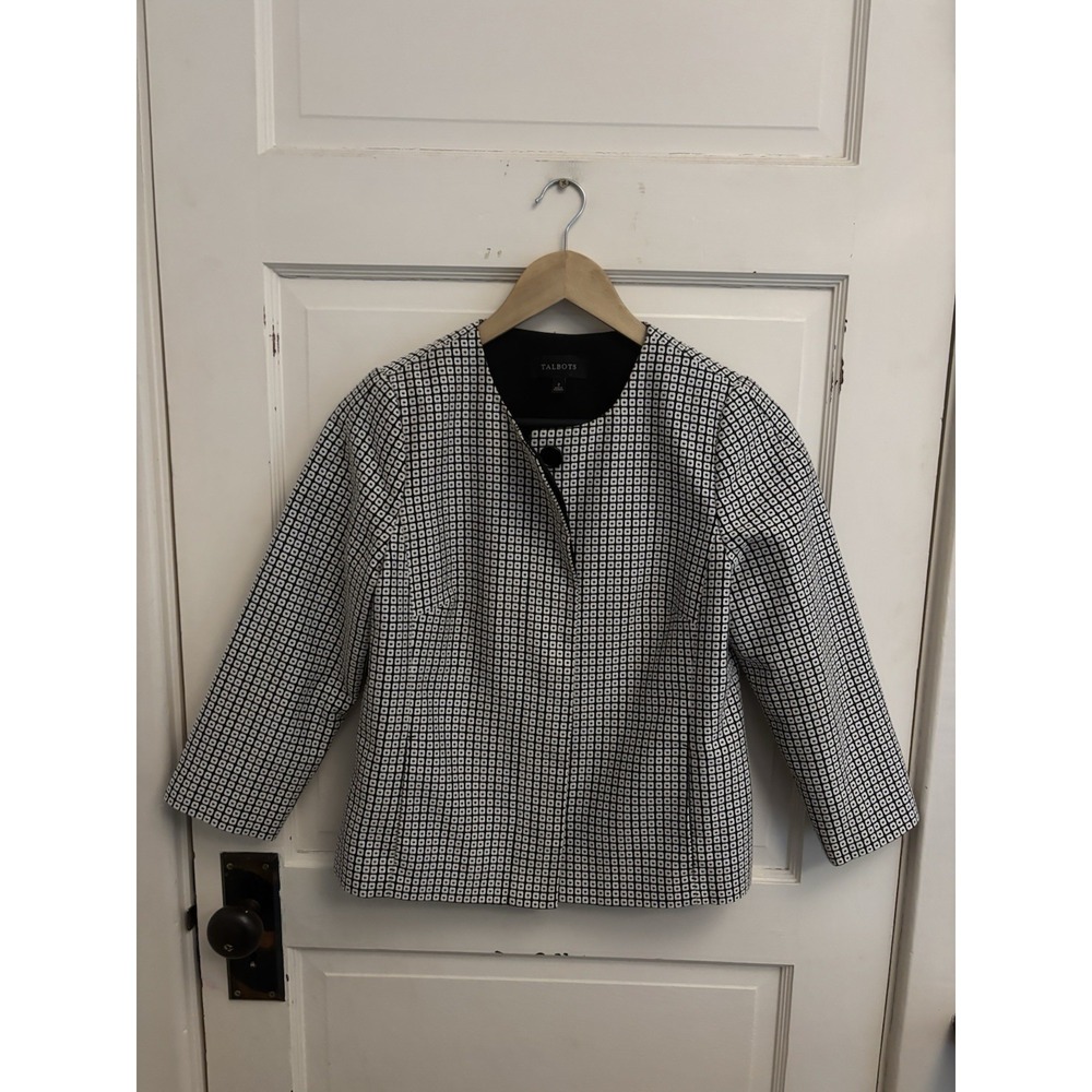 Talbots Women's‎ Black & White Blazer Geometric Print Boxy 3/4 Sleeve Size 2
